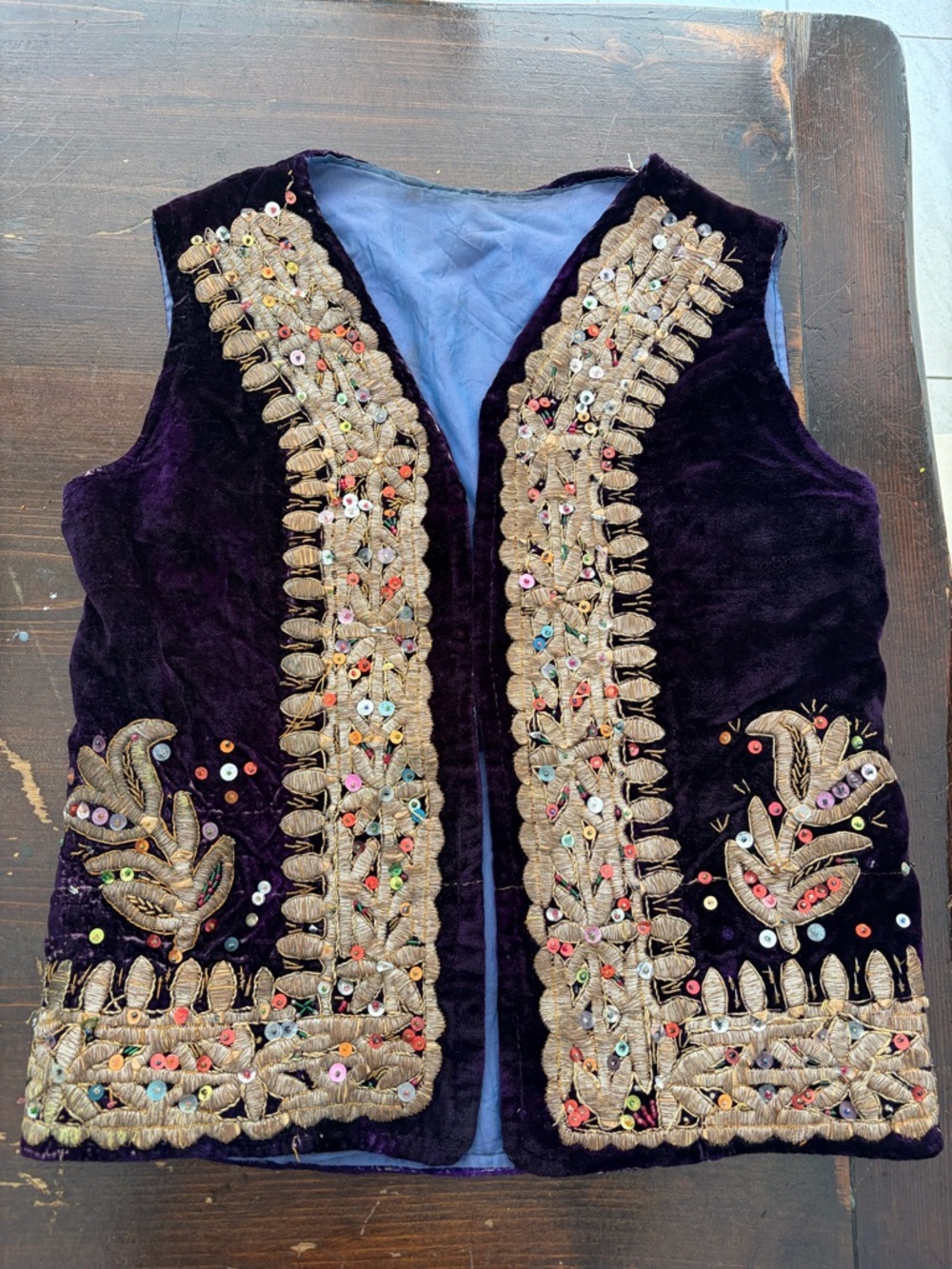Turkish OttomanEmbellished Purple Velvet Decorative Textile with Gold Embroidery